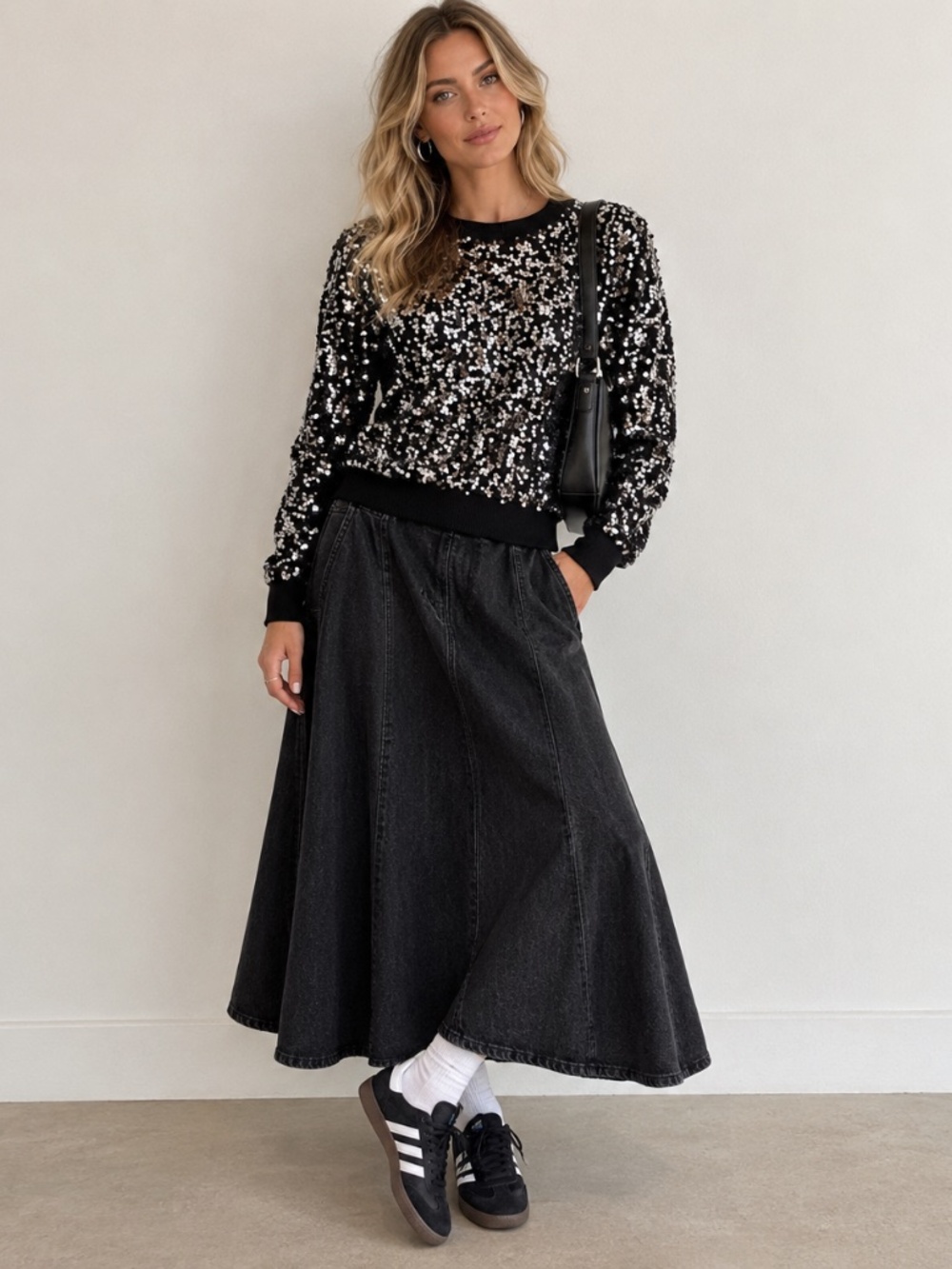 NWT Anna-Kaci Black & Silver Sequin Sparkly Pullover Sweatshirt-Style Sz S Glam